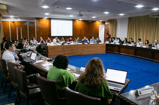 Imagem: Foto panorâmica mostra os conselheiros do CONSUNI sentados ao plenário. (Foto: Ribamar Neto/UFC Informa)