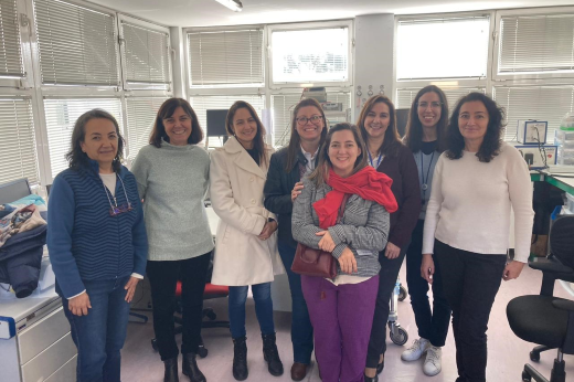 Professores da UFC e do Centro de Pesquisas Energéticas, Ambientais e Tecnológicas posam para fotos nos dois laboratórios do Centro, com mesas, bancos e computadores ao fundo