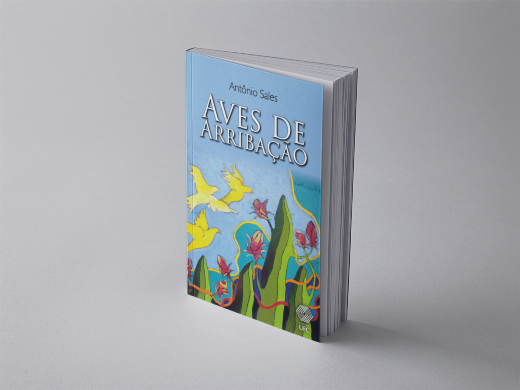 Imagem: livro com capa colorida, fundo azul, imagem de vegetação