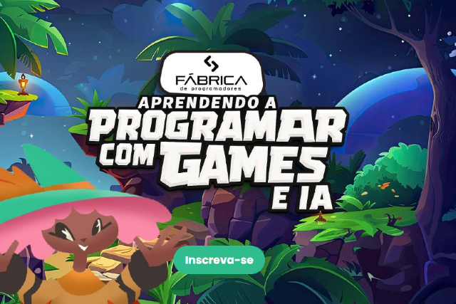 Imagem: Imagem de divulgação do projeto “Fábrica de Programadores – Aprendendo a Programar com Games e IA”. No topo, dentro de uma forma oval branca, está o logotipo da “Fábrica de Programadores” com texto em preto. Abaixo, o título aparece em letras grandes e brancas com contorno preto, no estilo visual de jogos digitais. O fundo é uma ilustração vibrante de cenário de game, com céu estrelado, montanhas, vegetação tropical e plataformas de pedra. No canto inferior esquerdo, há um personagem ilustrado de pele escura, chapéu e cabelo rosa, vestindo roupa laranja e verde, com os braços abertos. Na parte inferior central, há um botão verde com o texto “Inscreva-se” em branco.