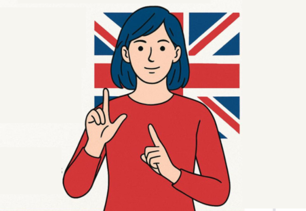 Imagem: ilustração de personagem gesticulando com Libras tendo a bandeira do Reino Unido atrás dela