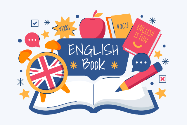 Imagem: Ilustração colorida com tema de aprendizado de inglês. No centro, há um livro aberto e, acima dele, um quadro azul com os dizeres "ENGLISH Book". Ao redor, aparecem vários elementos relacionados ao estudo: um lápis, uma maçã vermelha, um despertador estampado com a bandeira do Reino Unido, balões de fala, estrelas e livros com os títulos "English is fun", "Vocab" e "Verbs". O estilo é alegre e educativo, remetendo ao universo escolar.