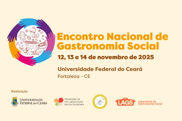 Imagem: cartaz com nome do Evento Encontro Nacional de Gastronomia Social em amarelo, data e realizadores do evento. Além de data e logo do evento colorido.