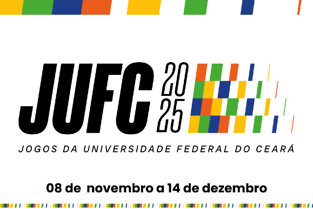 Imagem: Cartaz dos Jogos da Universidade Federal do Ceará 2025. O logotipo “JUFC 2025” aparece em preto, ao lado de um mosaico colorido com formas nas cores azul, verde, amarelo, laranja e vermelho. Abaixo, lê-se “Jogos da Universidade Federal do Ceará”. No rodapé, está a data do evento: “08 de novembro a 14 de dezembro”. Faixas com o mesmo padrão colorido decoram o topo e a base da imagem.
