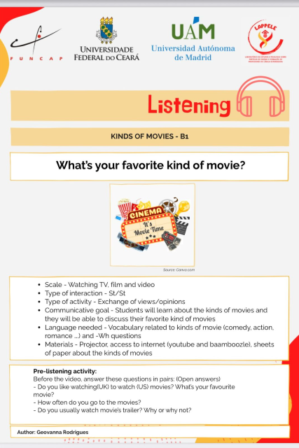 Exemplo de um dos cards que integram o material do Repositório voltado à língua inglesa, para a habilidade de ouvir: conteúdo também é dividido por níveis e voltado para a educação básica (Foto: reprodução/UFC) Imagem: card educativo com o título “Listening – Kinds of Movies – B1”. No centro, há uma ilustração de itens de cinema, como pipoca, claquete e óculos 3D. Abaixo, aparecem instruções de atividade em inglês para estudantes, acompanhadas de um bloco amarelo com perguntas de pré-listening.