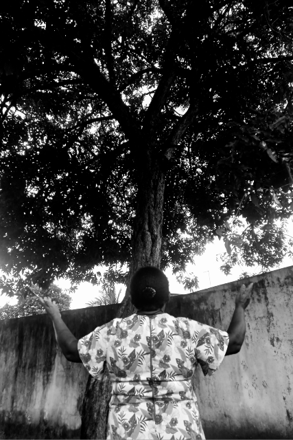 Imagem: Mulher de costas com as mãos levantadas em frente a uma árvore