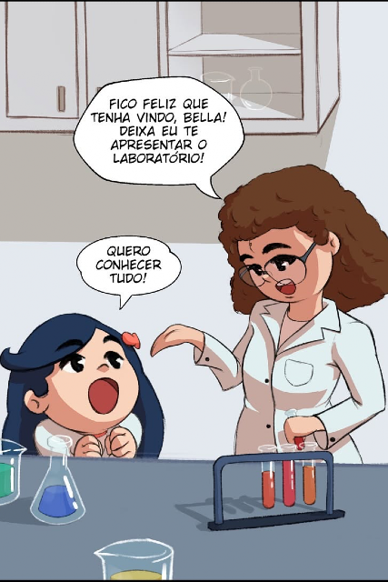Além de Bella, as tirinhas também apresentam personagens estudantes da UFC, além de laboratórios como o LTS+ e o projeto de extensão Conexão Azul (Foto: reprodução) Imagem: ilustração em estilo cartoon. Uma menina visita um laboratório e conversa com uma mulher de jaleco e óculos, que a recebe com carinho. Sobre a bancada há tubos de ensaio e frascos com líquidos coloridos. A menina demonstra entusiasmo dizendo que quer conhecer tudo enquanto a cientista apresenta o laboratório