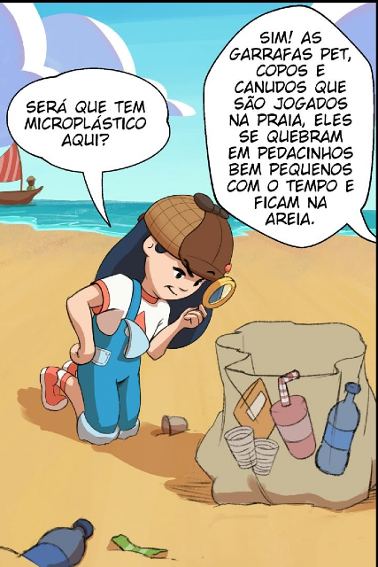Em "Bella e o mistério dos microplásticos", a personagem é uma menina esperta e curiosa, que fica intrigada com a presença de microplásticos na praia (Foto: reprodução) Imagem: em uma praia, uma menina de chapéu observa a areia com uma lupa perto de pequenos resíduos plásticos. Ao lado, um saco com garrafas e copos recolhidos. O diálogo explica que garrafas PET, copos e canudos se quebram em pedaços muito pequenos com o tempo e permanecem na areia como microplástico