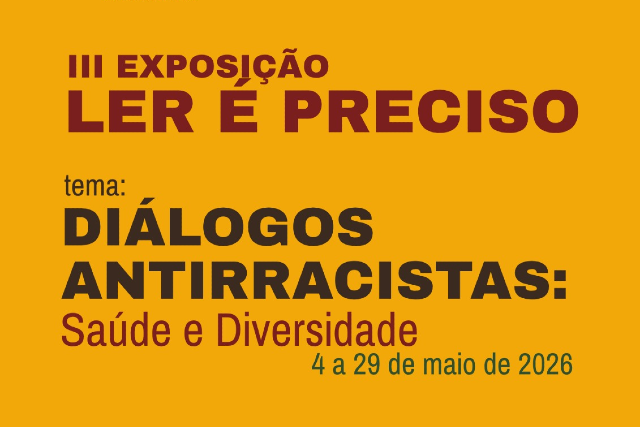 Imagem: arte da III Exposição Ler é Preciso, fundo amarelo com letras vermelhas e pretas
