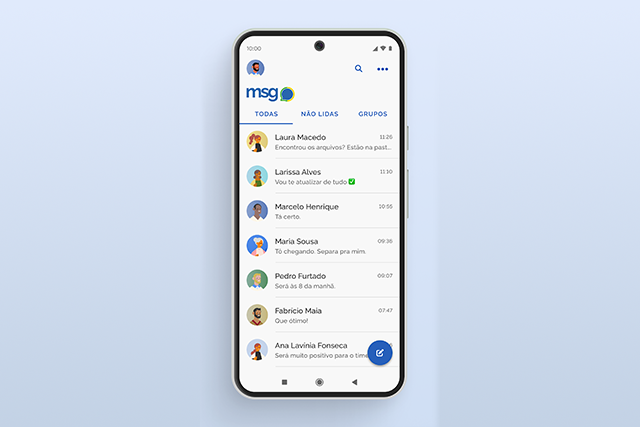 Imagem: Tela de smartphone mostrando um aplicativo de mensagens em português. Lista de conversas com nomes de contatos, trechos das últimas mensagens e horários. Botão azul no canto inferior direito para criar nova mensagem. Aba “Todas” selecionada no topo.