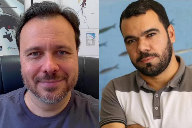Os professores Iran Lima Neto (à esq.) e Marcelo Soares (à dir.) integram a equipe de pesquisadores da UFC no projeto (Imagem: Divulgação) imagem: Montagem com dois retratos lado a lado de homens adultos. À esquerda, um homem de cabelos curtos castanhos e barba grisalha aparada olha diretamente para a câmera com leve sorriso. Ele veste camiseta azul-escura e está sentado em um escritório; ao fundo, aparecem parte de um mapa e elementos de decoração da sala. À direita, um homem de cabelos curtos escuros e barba aparada posa com os braços cruzados. Ele veste camisa polo em tons de cinza e branco e olha para a câmera com expressão séria e confiante. Ao fundo, há uma imagem desfocada de ambiente relacionado ao mar, com ilustrações ou fotografias de peixes. A composição destaca os dois pesquisadores em retratos individuais, apresentados lado a lado sobre fundo dividido.