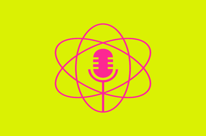 Marca do podcast Bora Falar de Ciência, com fundo verde e ícone de um átomo cor de rosa